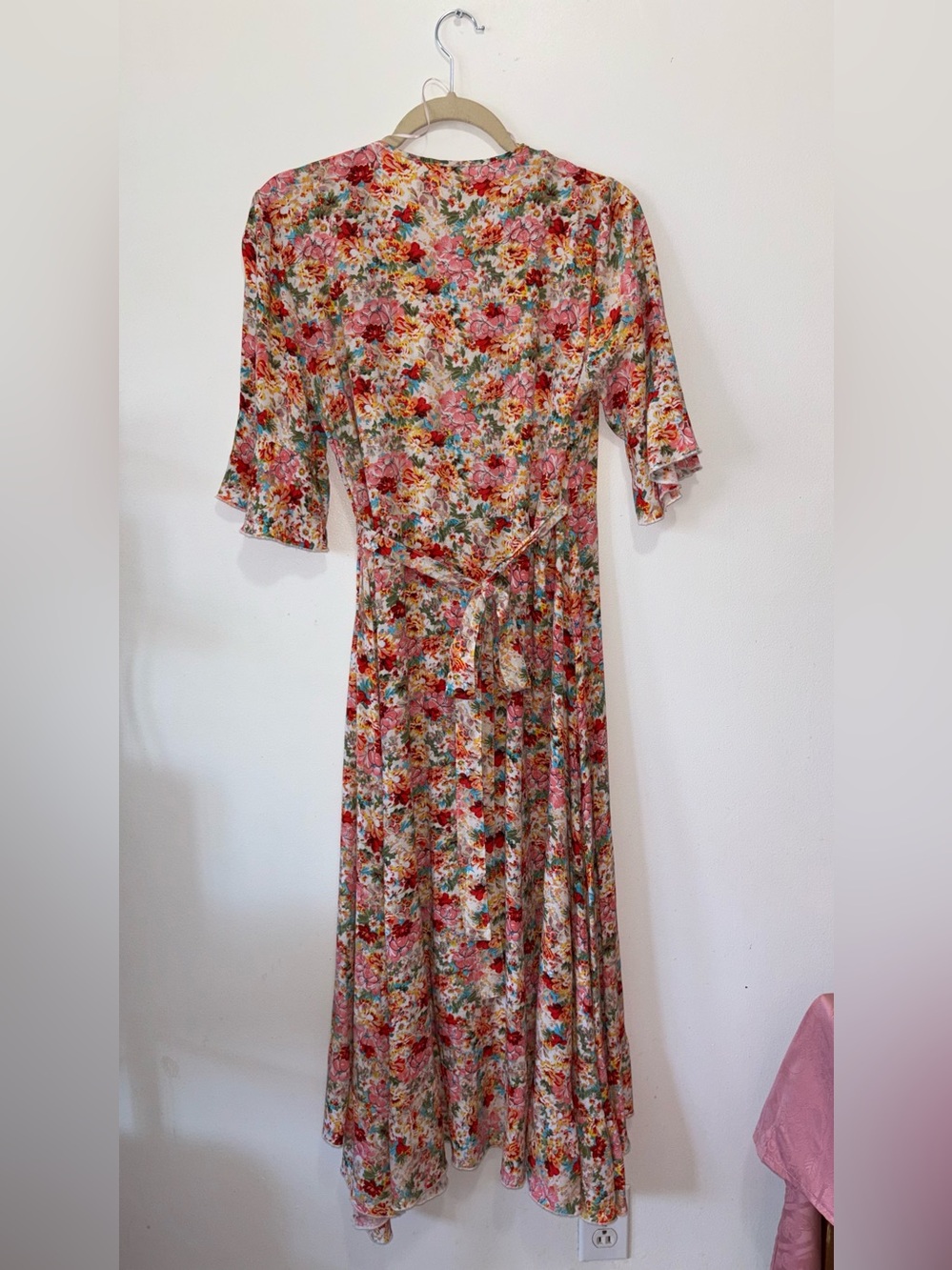 ESQUALO Floral Wrap Maxi Dress in Pink/Red/Green/Yellow/Orange 100% Linen - Picture 3 of 8